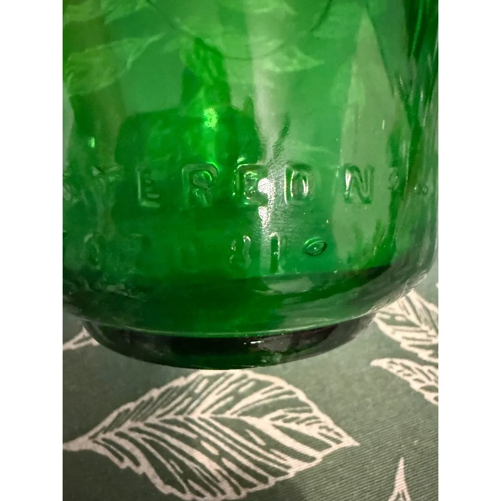 Vintage Emerald Green Glass Decanter with Pewter Grape Cluster Metal Collar 10in